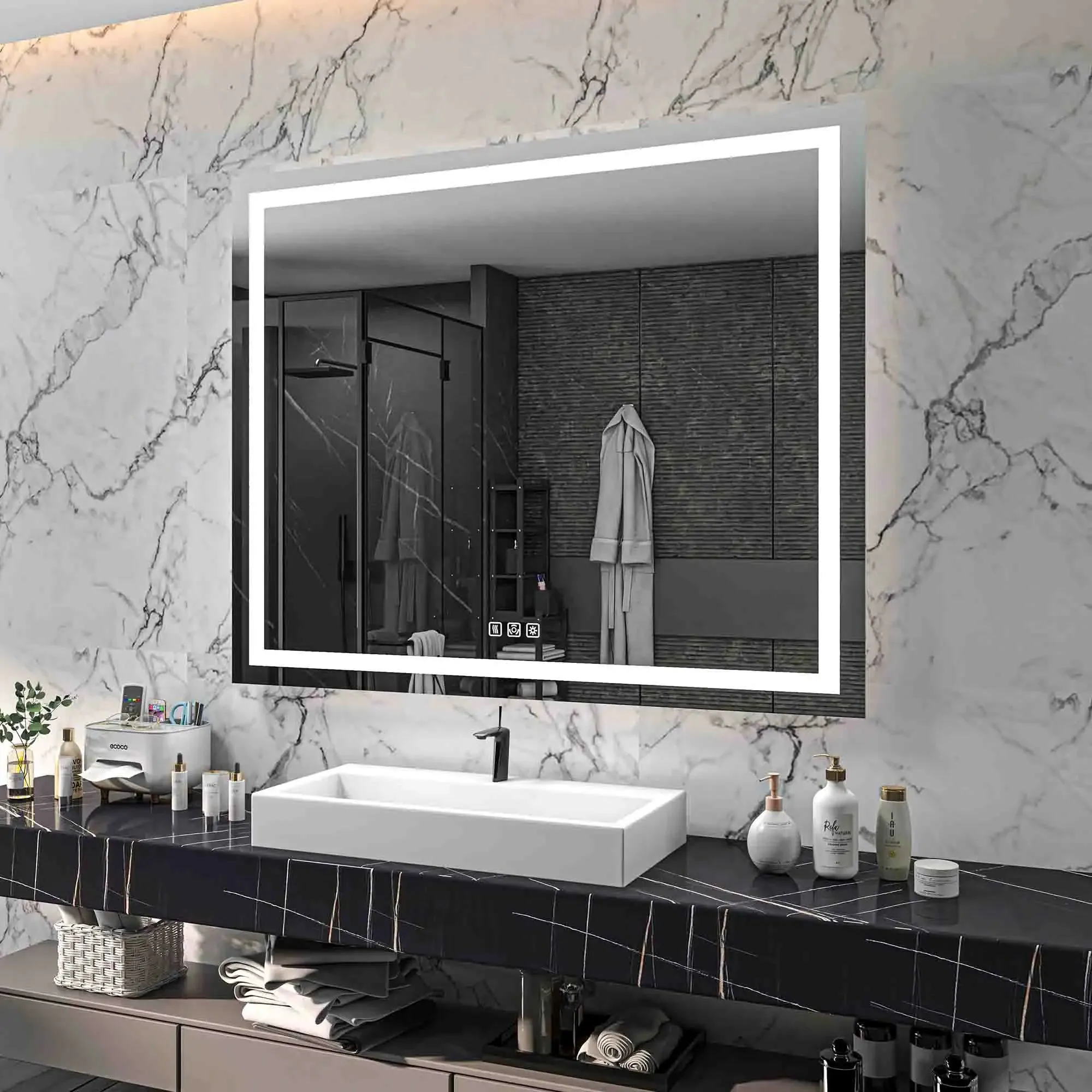 72'' W x 48'' H Large LED Bedroom Mirror, Frameless, Anti-mist, Front Light