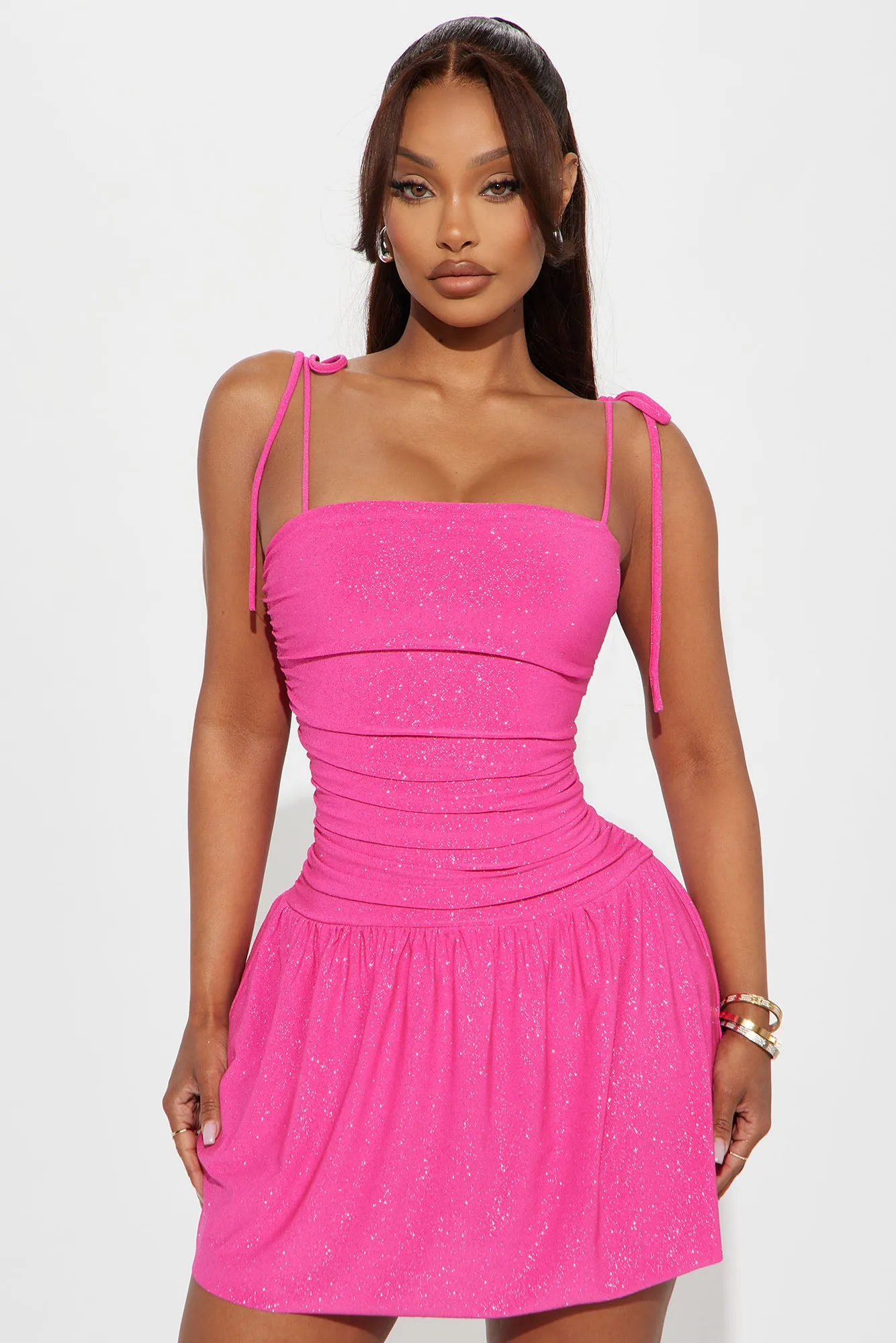 Alluring Drop Waist Glitter Mini Dress - Fuchsia