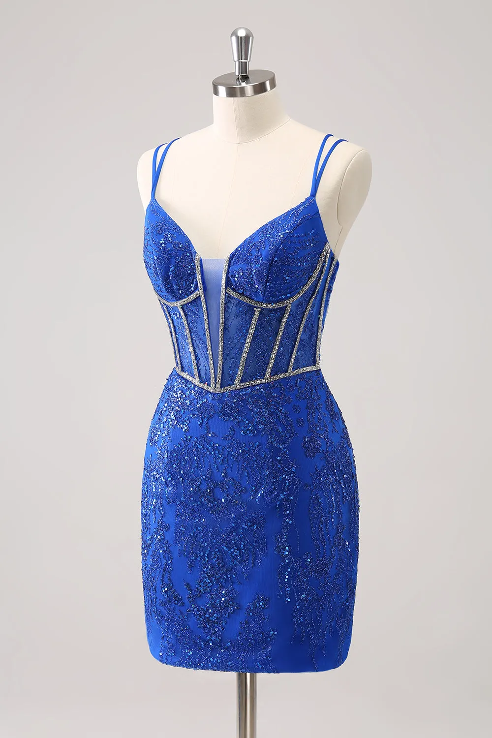 Luolandi Glitter Dark Green Corset Spaghetti Straps Short Tight Homecoming Dresses Sparkly Party Dress