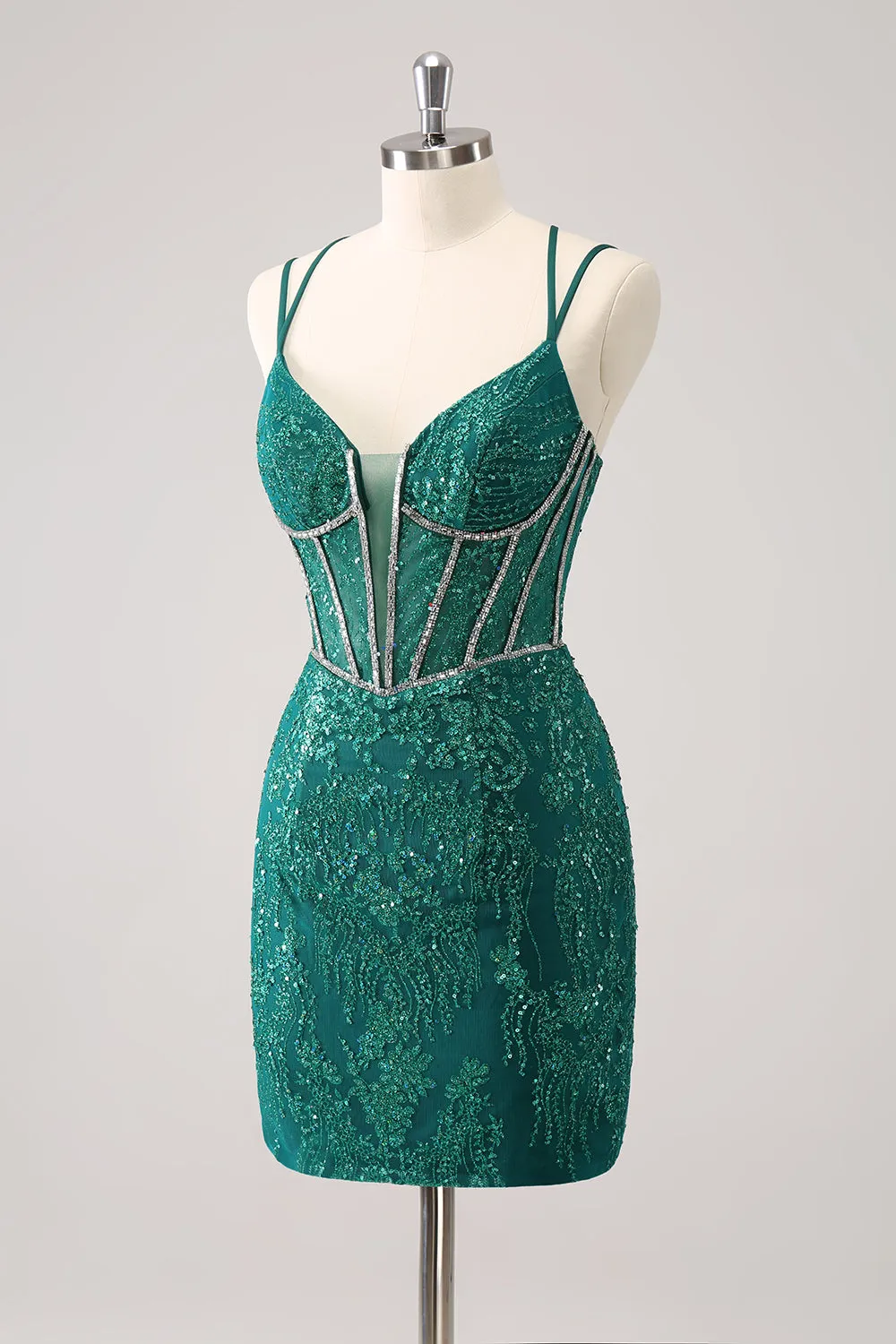 Luolandi Glitter Dark Green Corset Spaghetti Straps Short Tight Homecoming Dresses Sparkly Party Dress