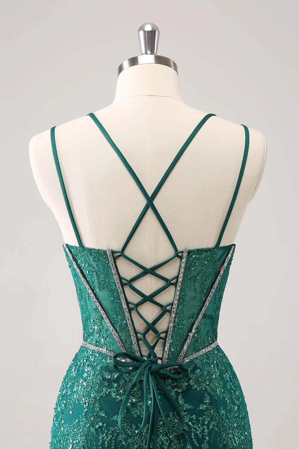 Luolandi Glitter Dark Green Corset Spaghetti Straps Short Tight Homecoming Dresses Sparkly Party Dress