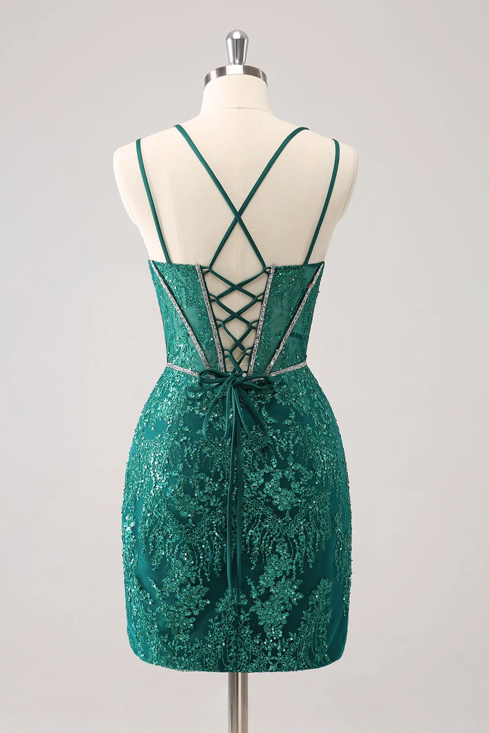 Luolandi Glitter Dark Green Corset Spaghetti Straps Short Tight Homecoming Dresses Sparkly Party Dress