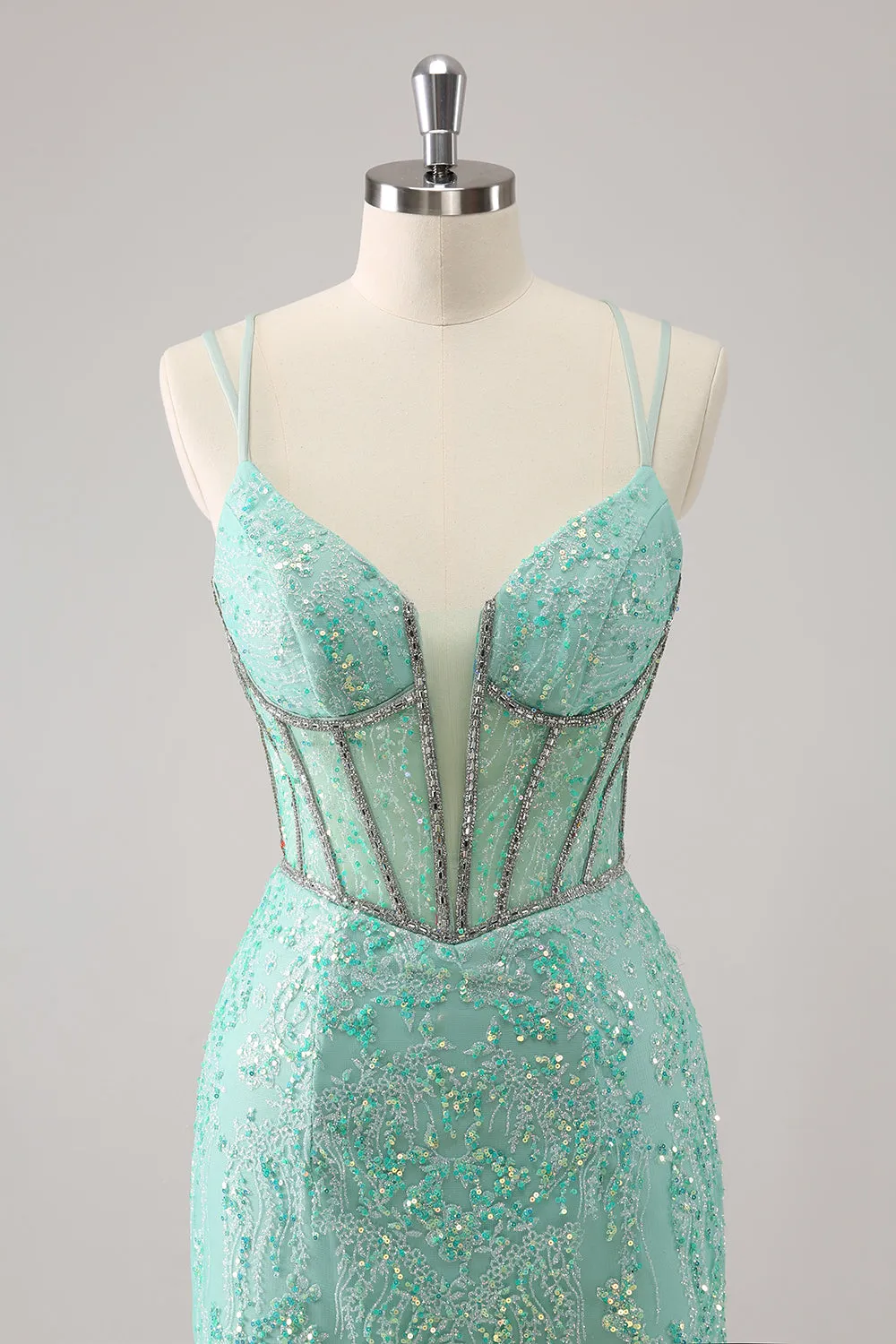Luolandi Glitter Dark Green Corset Spaghetti Straps Short Tight Homecoming Dresses Sparkly Party Dress