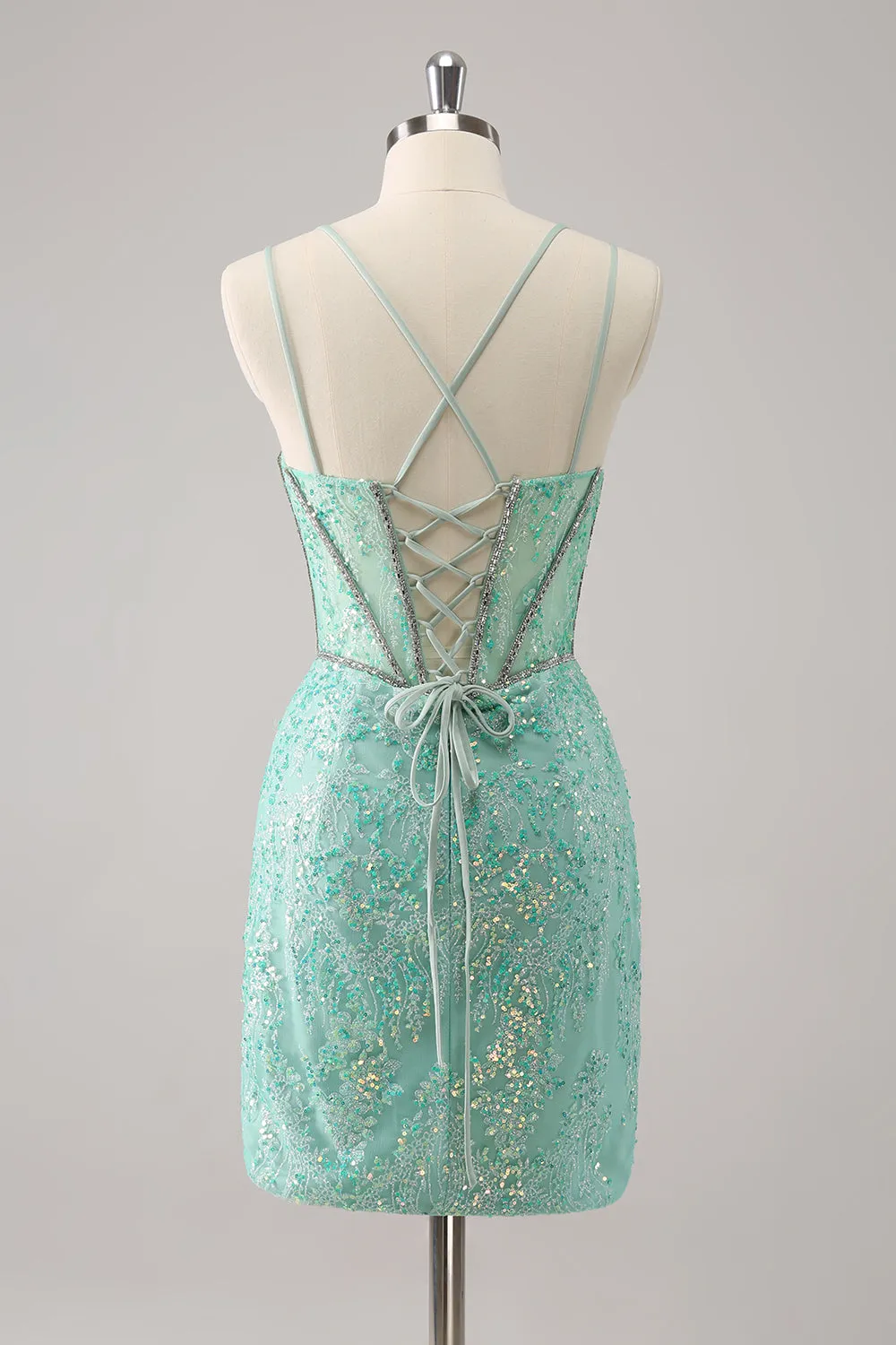Luolandi Glitter Dark Green Corset Spaghetti Straps Short Tight Homecoming Dresses Sparkly Party Dress