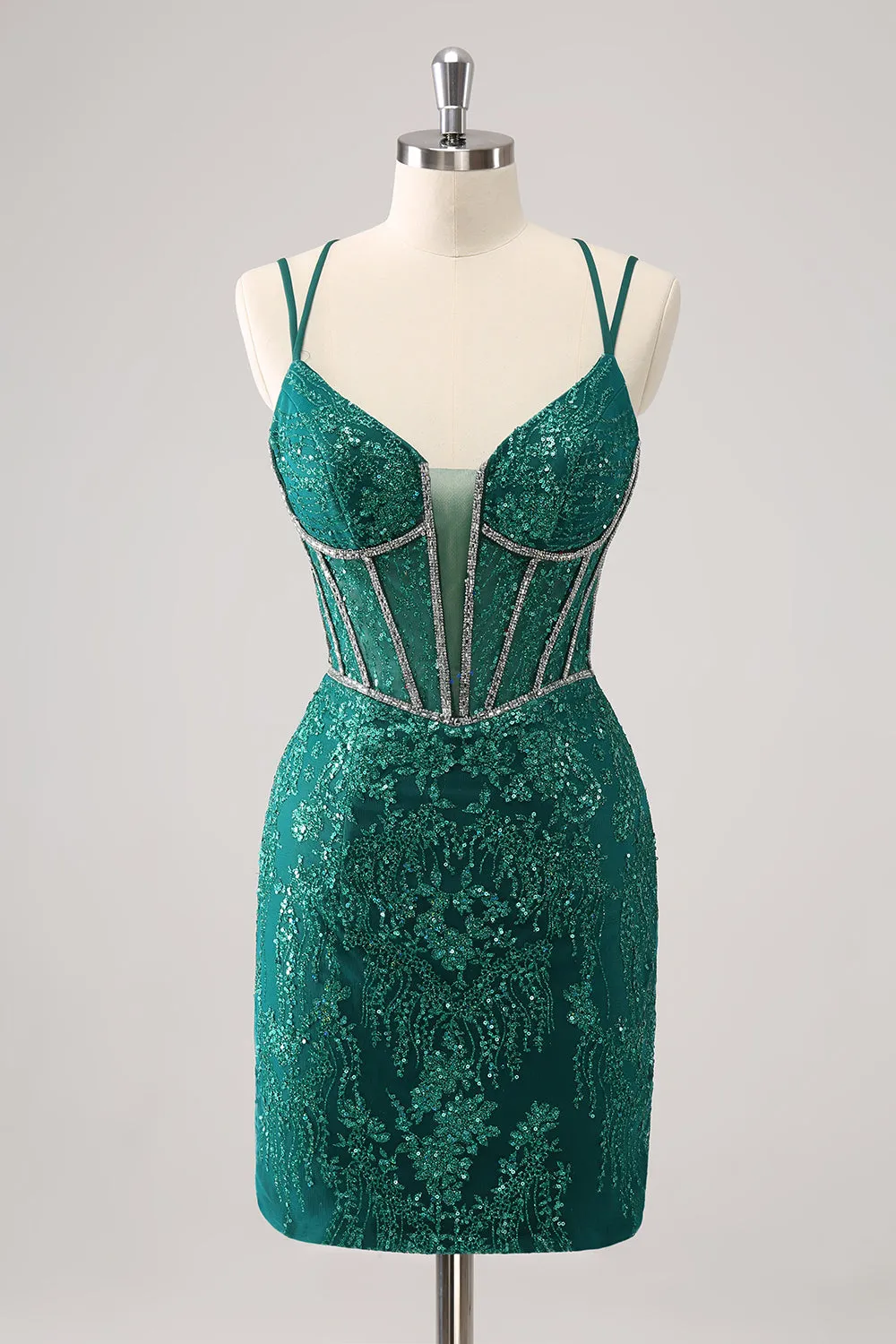 Luolandi Glitter Dark Green Corset Spaghetti Straps Short Tight Homecoming Dresses Sparkly Party Dress