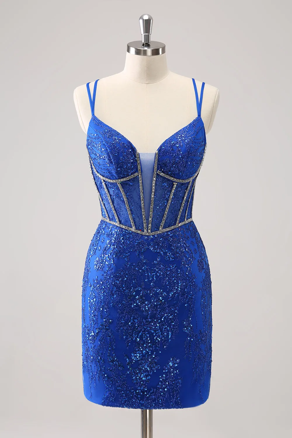 Luolandi Glitter Dark Green Corset Spaghetti Straps Short Tight Homecoming Dresses Sparkly Party Dress