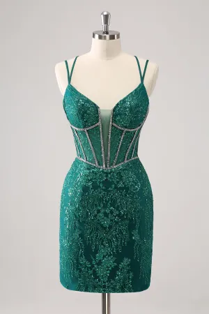 Luolandi Glitter Dark Green Corset Spaghetti Straps Short Tight Homecoming Dresses Sparkly Party Dress