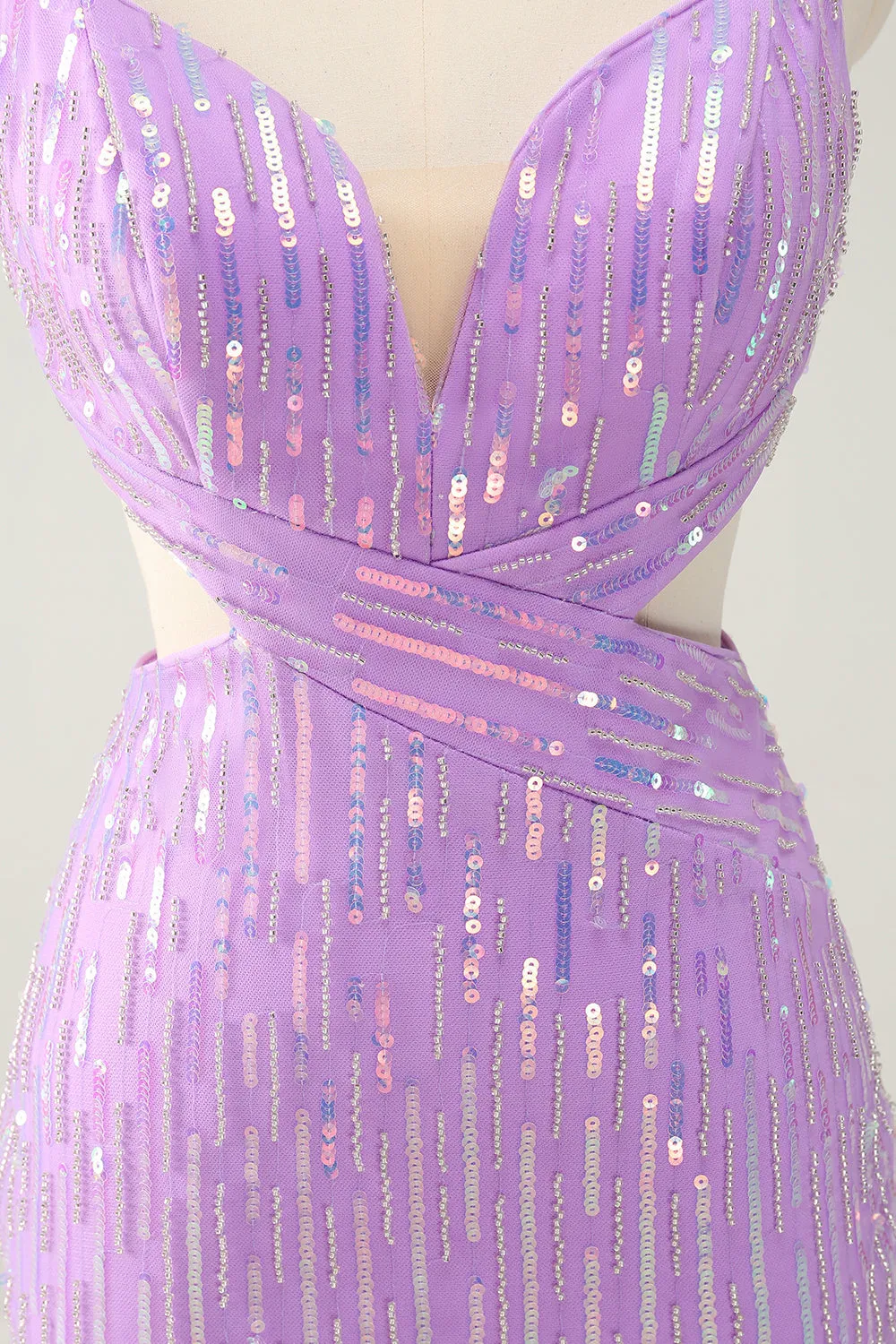 Luolandi Glitter Purple Bodycon Lace Up Back Short Homecoming Dress with Sequins Sparkly