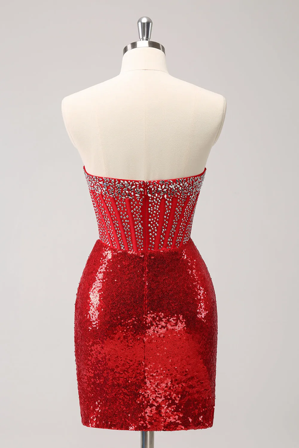 Luolandi Glitter Red Tight Strapless Sequin Corset Slit Short Homecoming Dress with Beading Sparkly Party Dress