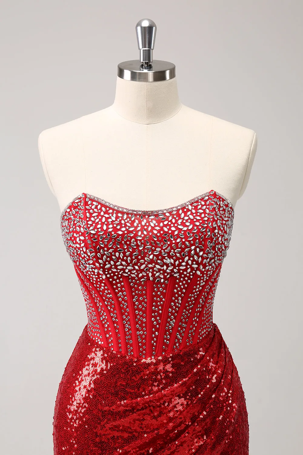 Luolandi Glitter Red Tight Strapless Sequin Corset Slit Short Homecoming Dress with Beading Sparkly Party Dress