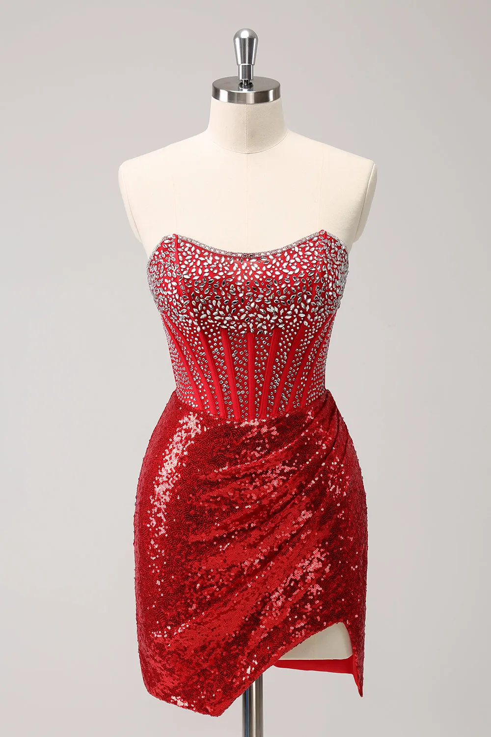 Luolandi Glitter Red Tight Strapless Sequin Corset Slit Short Homecoming Dress with Beading Sparkly Party Dress