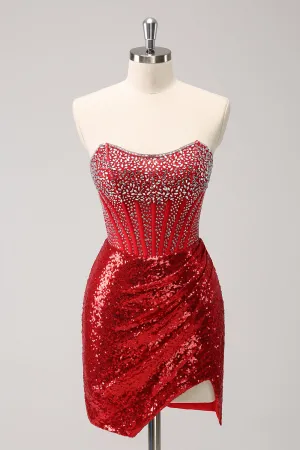 Luolandi Glitter Red Tight Strapless Sequin Corset Slit Short Homecoming Dress with Beading Sparkly Party Dress