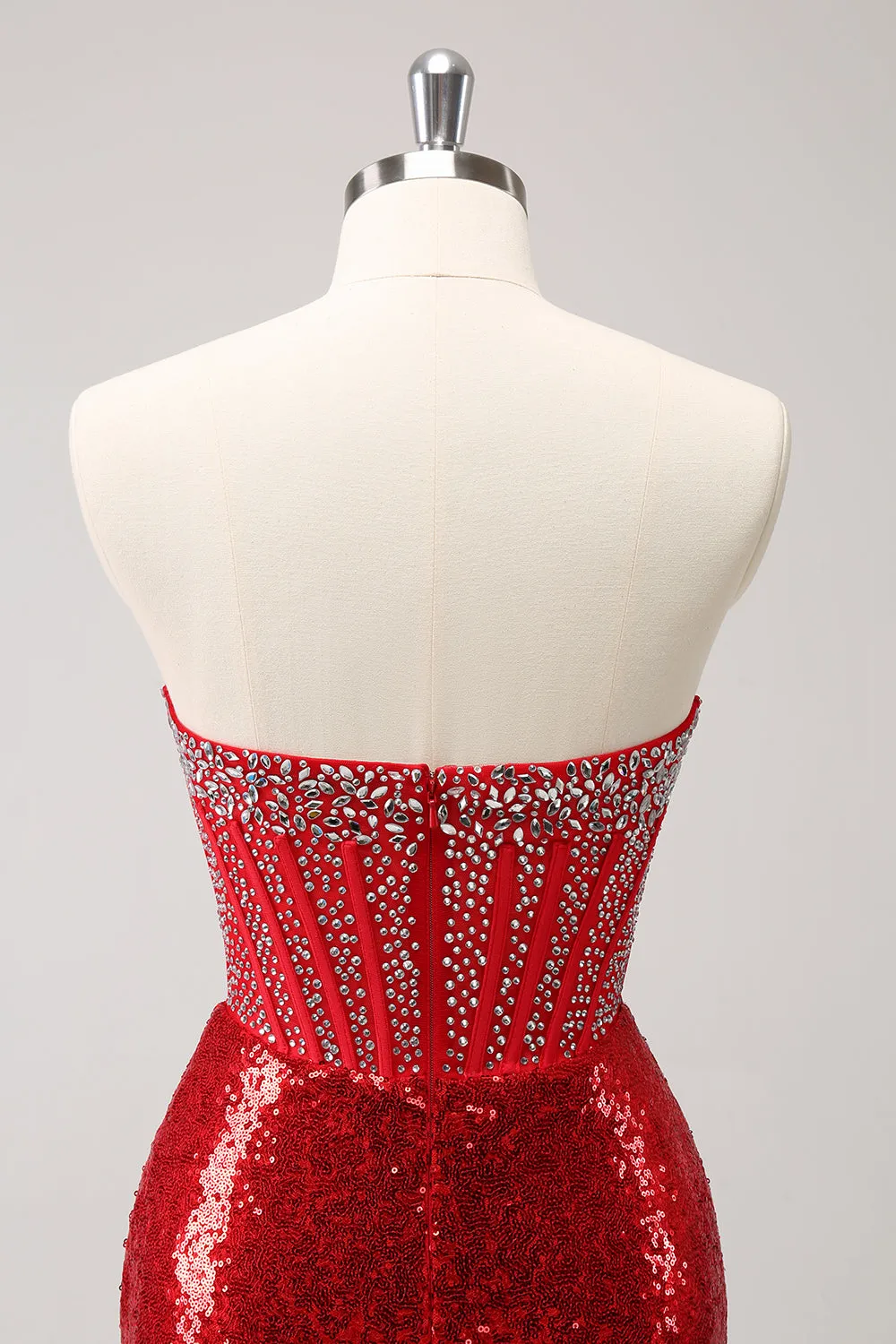Luolandi Glitter Red Tight Strapless Sequin Corset Slit Short Homecoming Dress with Beading Sparkly Party Dress