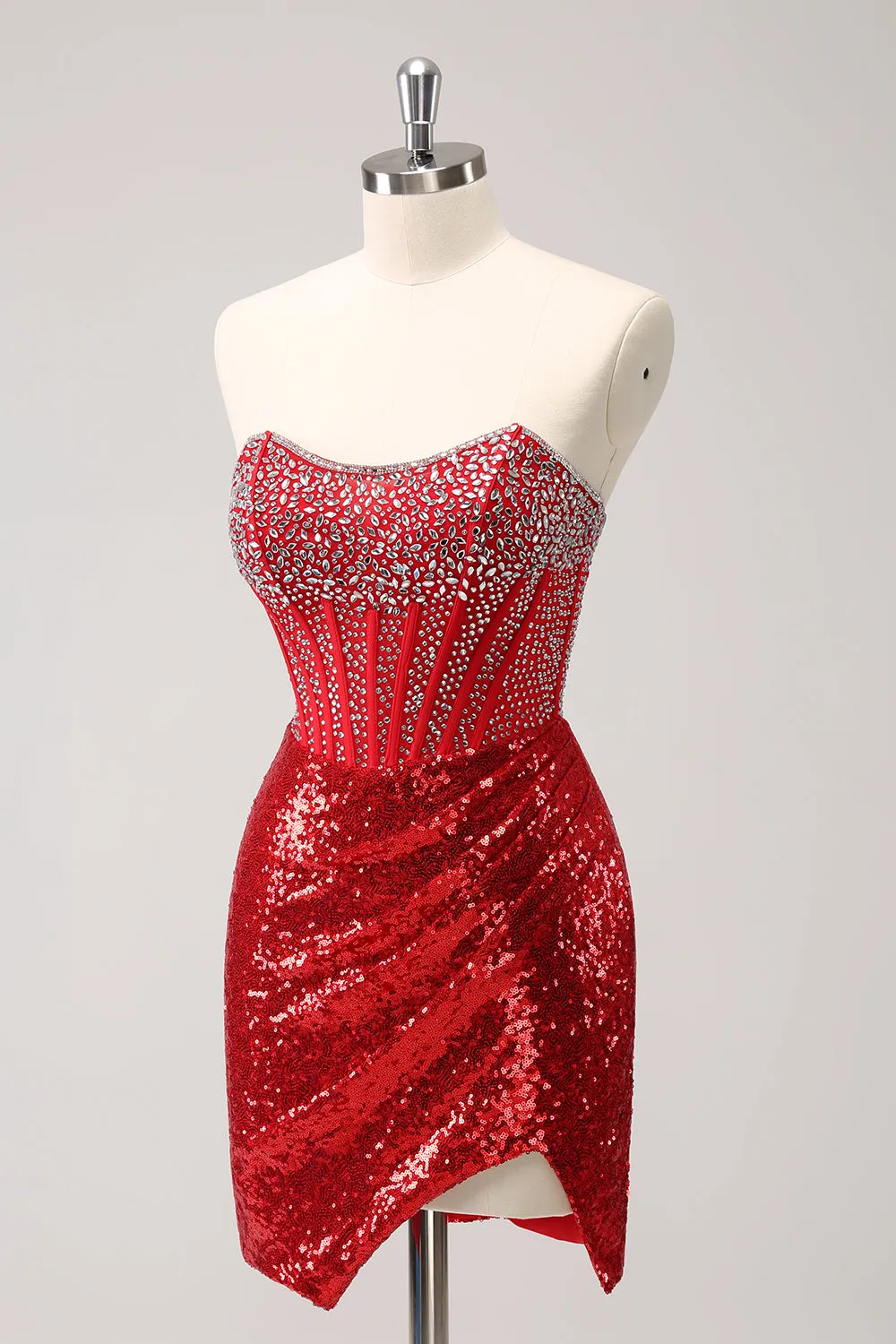 Luolandi Glitter Red Tight Strapless Sequin Corset Slit Short Homecoming Dress with Beading Sparkly Party Dress