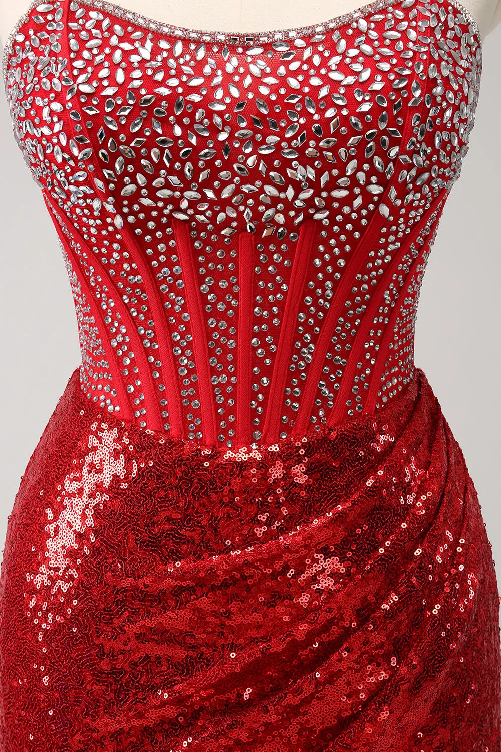 Luolandi Glitter Red Tight Strapless Sequin Corset Slit Short Homecoming Dress with Beading Sparkly Party Dress