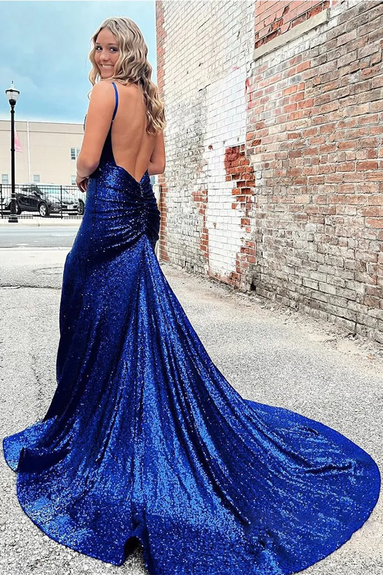Luolandi Glitter Sequins Spaghetti Straps V Neck Mermaid Slit Prom Dress Sparkly Evening Dresses
