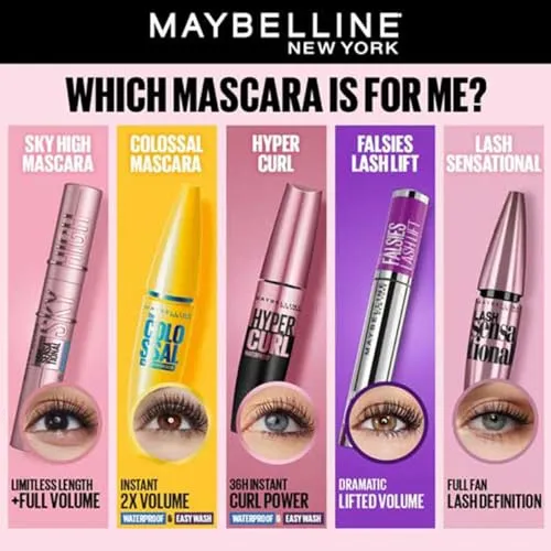 Maybelline New York Hypercurl Mascara, Curls Lashes, Highly Pigmented Colour, Long-lasting, Washable, Black 9.2ml